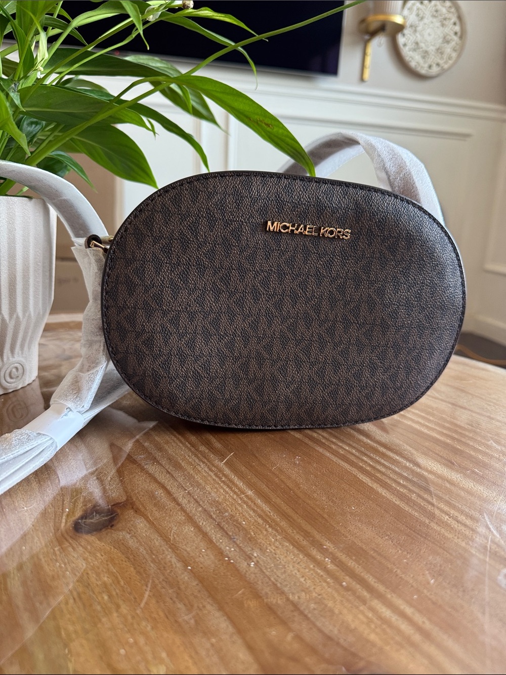 Michael Kors Brown MK Logo Oval Crossbody Bag